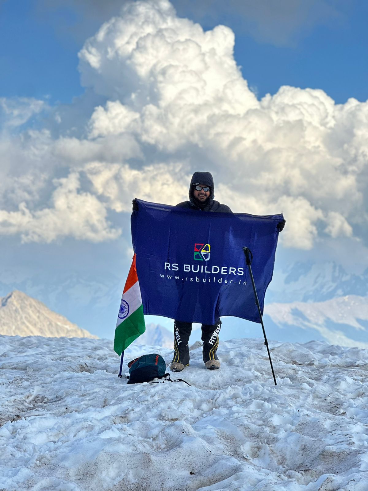 The RS Builders Flag hoisted at Mount Elbrus: The Highest peak in Europe, along with the Tricolor